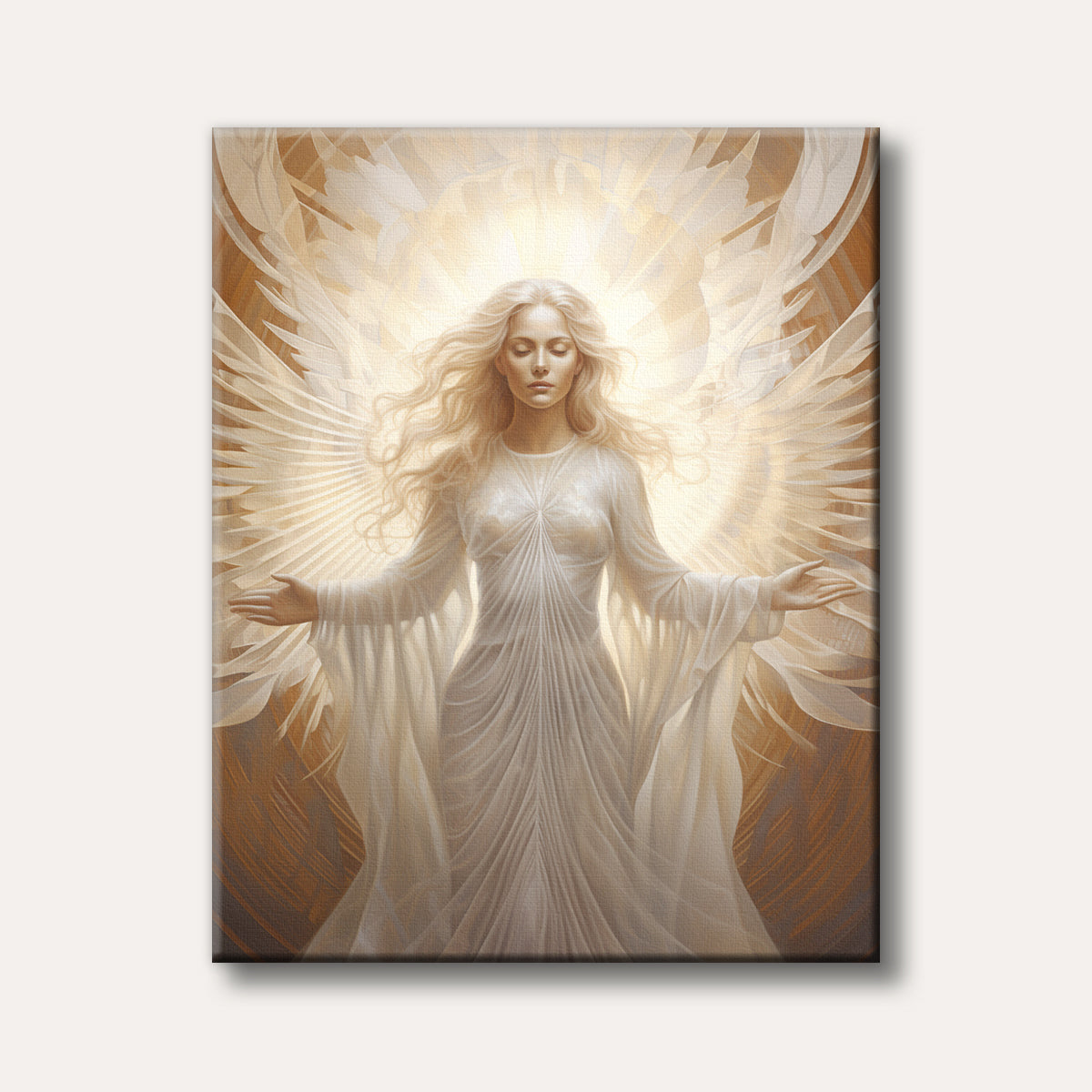 A beautiful angelic figure with long blonde hair and large white wings stands with arms outstretched, glowing with divine light in a serene, ethereal style.