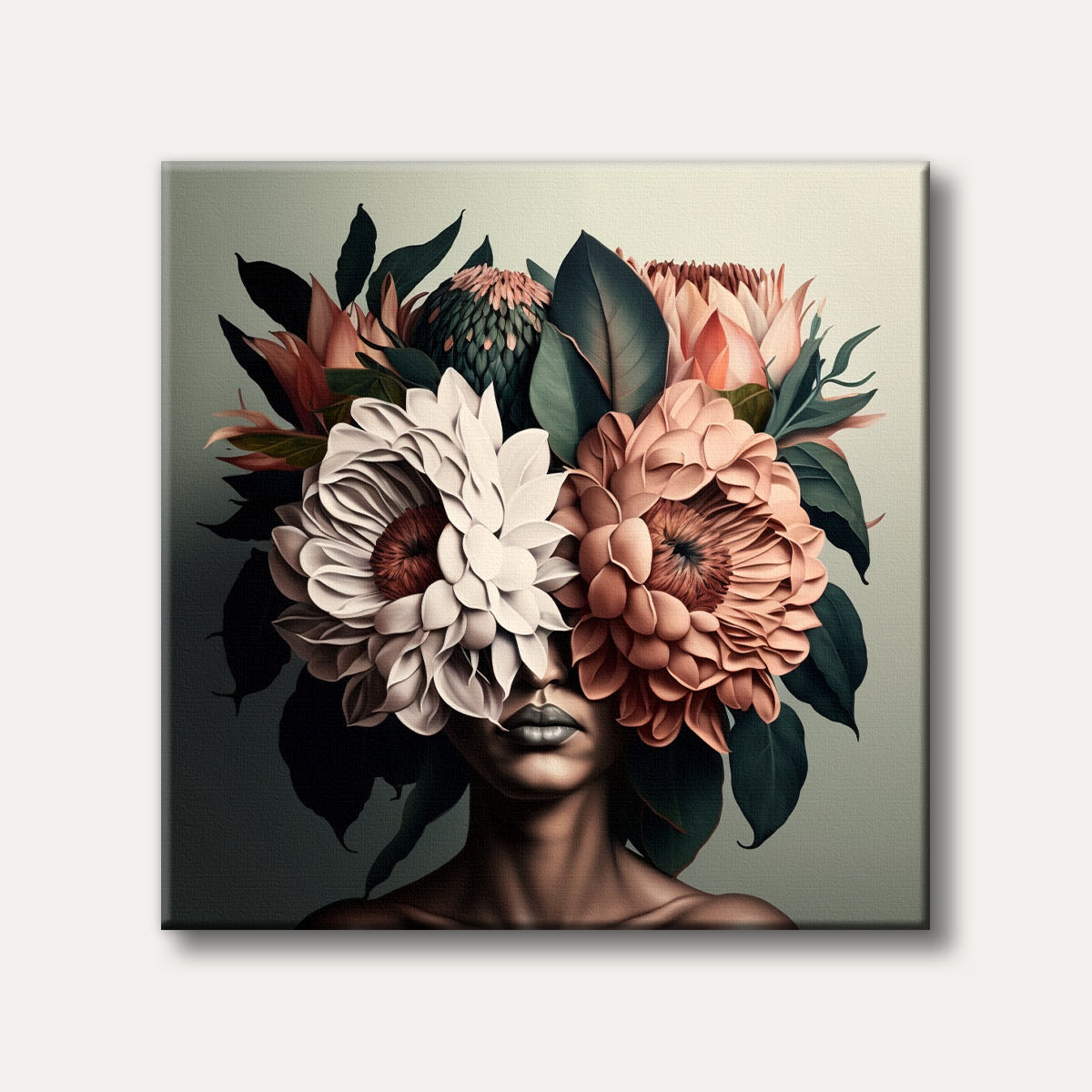 A portrait of a woman with large, soft-toned flowers obscuring her eyes, set against a muted background in a surreal, artistic style.