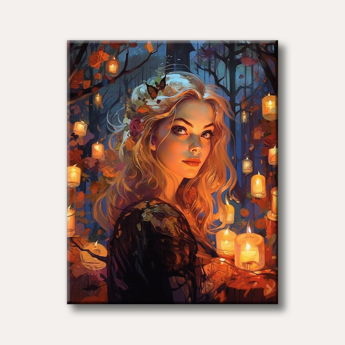 A beautiful woman with long blonde hair surrounded by numerous glowing lanterns and candles in a dark, enchanting forest, rendered in a warm, painterly style.
