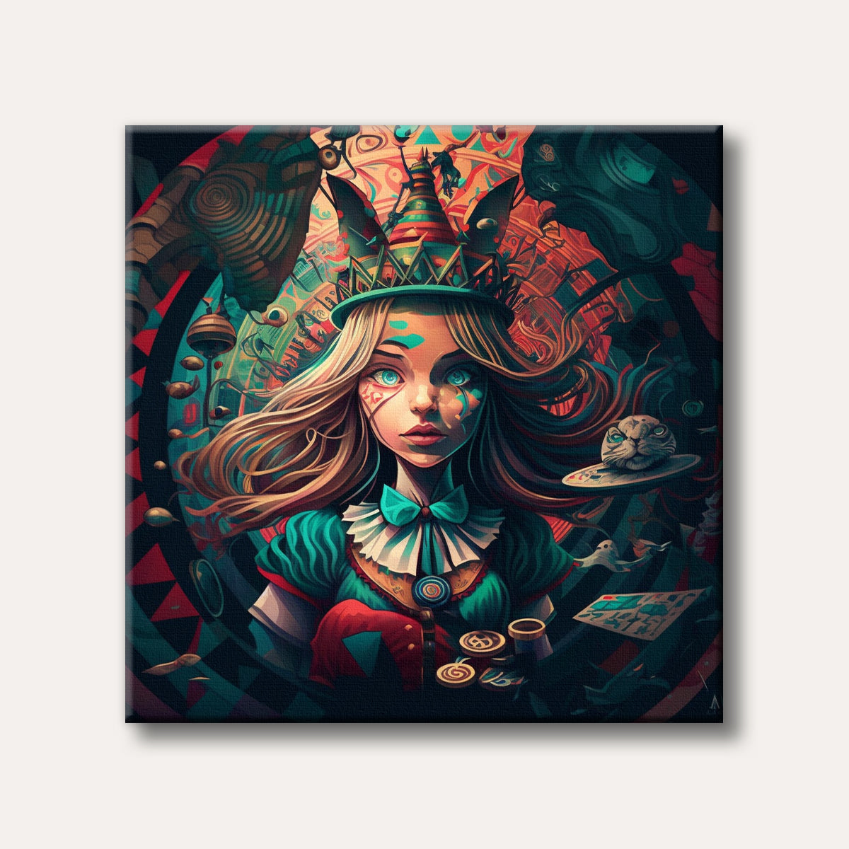 A vibrant, surreal digital painting of Alice from Wonderland, with bright blue eyes and a whimsical crown, amidst intricate, abstract patterns in teal, red, and gold.