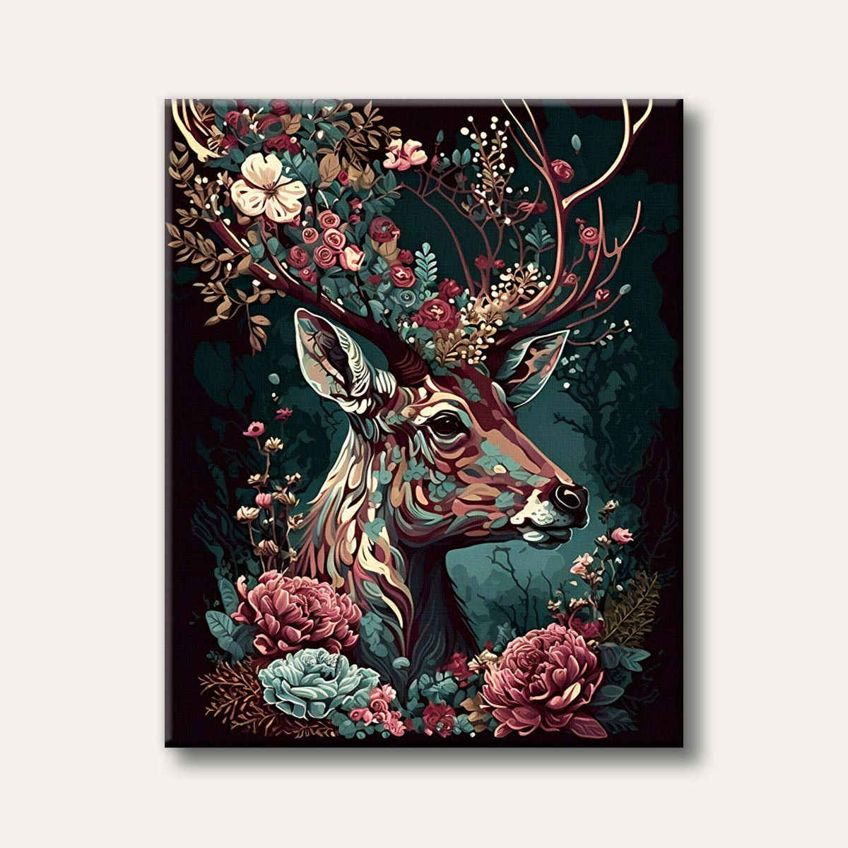 A majestic deer with antlers adorned with vibrant flowers and lush foliage, rendered in a stylized, decorative art style with rich, dark colours.