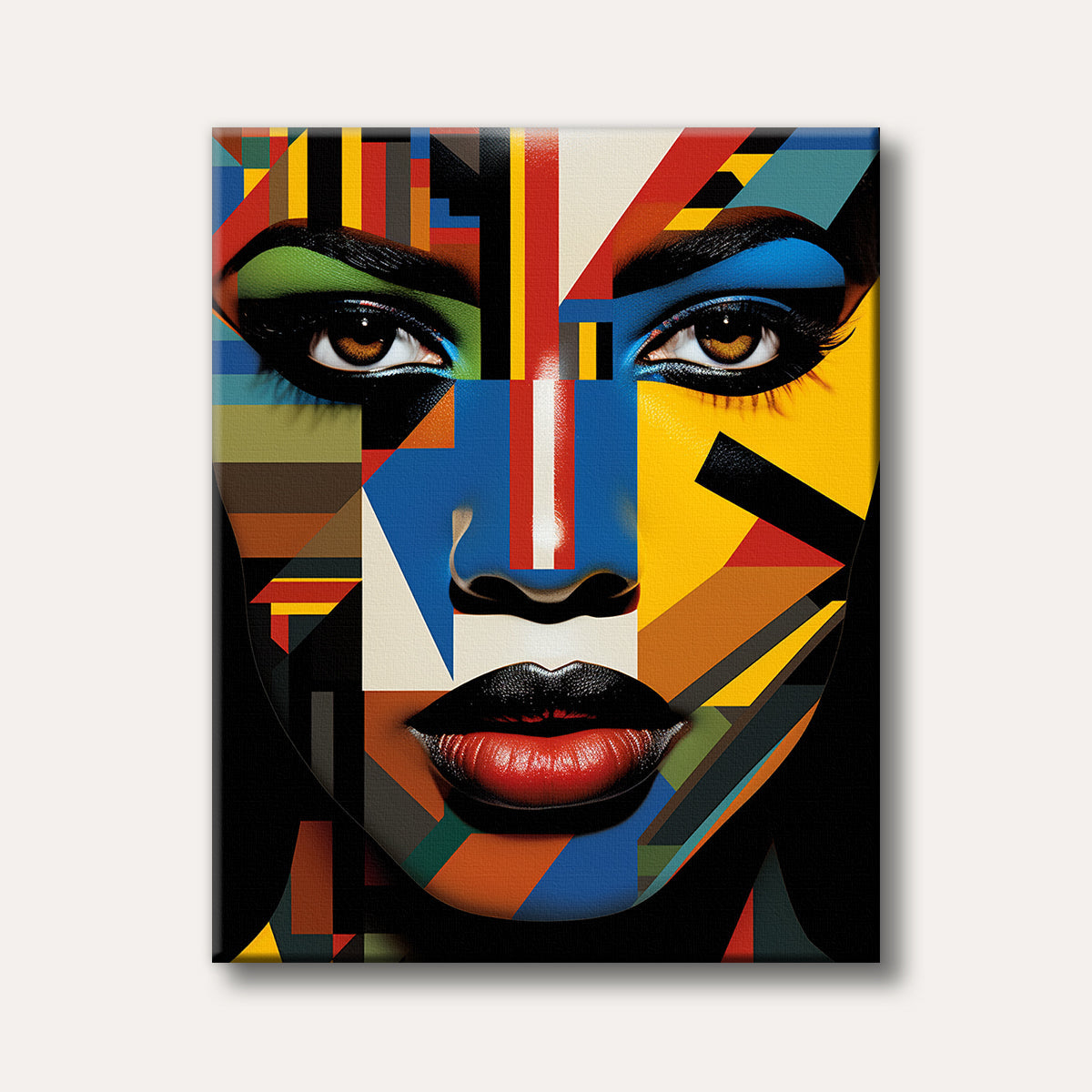 A vibrant abstract portrait of a woman's face, composed of colourful geometric shapes in red, blue, yellow, and green against a dark background, in a modern, fragmented art style.