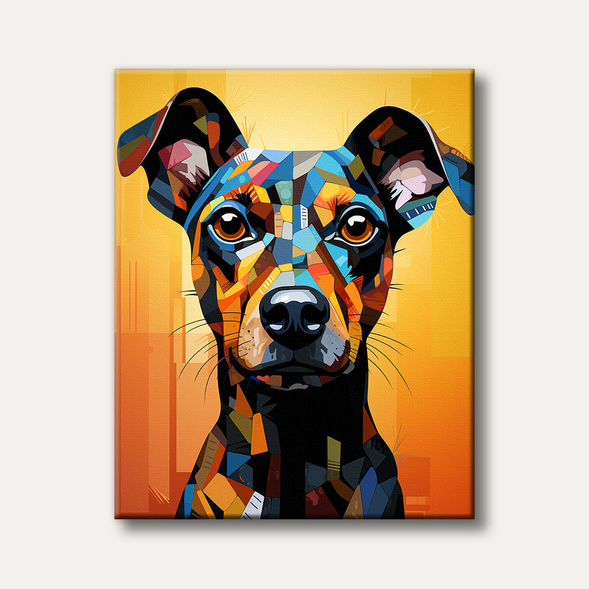 A colourful dog portrait in a geometric, abstract style, featuring black, blue, orange, and yellow segments, set against a warm gradient background.