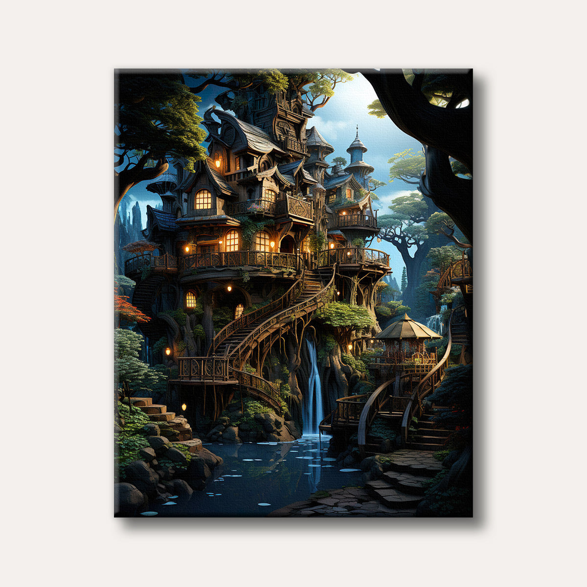 A fantastical, multi-story treehouse with warm glowing windows and intricate wooden stairs built into a giant tree, surrounded by lush green foliage, a waterfall, and a serene pond, depicted in a detailed, magical illustration style.