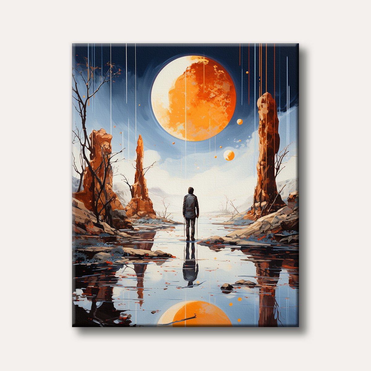A lone figure stands in a reflective pool gazing at a colossal orange moon in a desolate, otherworldly landscape with towering rock formations and sparse trees, rendered in a stylized, atmospheric painting.