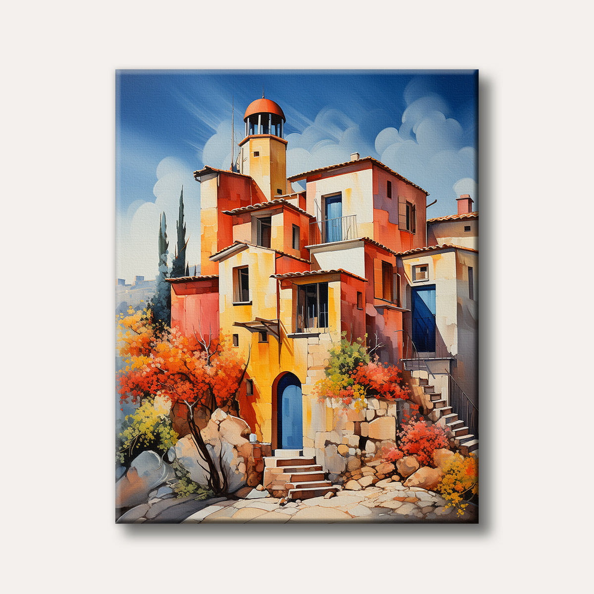 A vibrant painting of colourful Mediterranean-style buildings nestled on a hillside, featuring red and yellow facades, blue doors, and bright orange foliage under a clear blue sky, rendered in a painterly style.