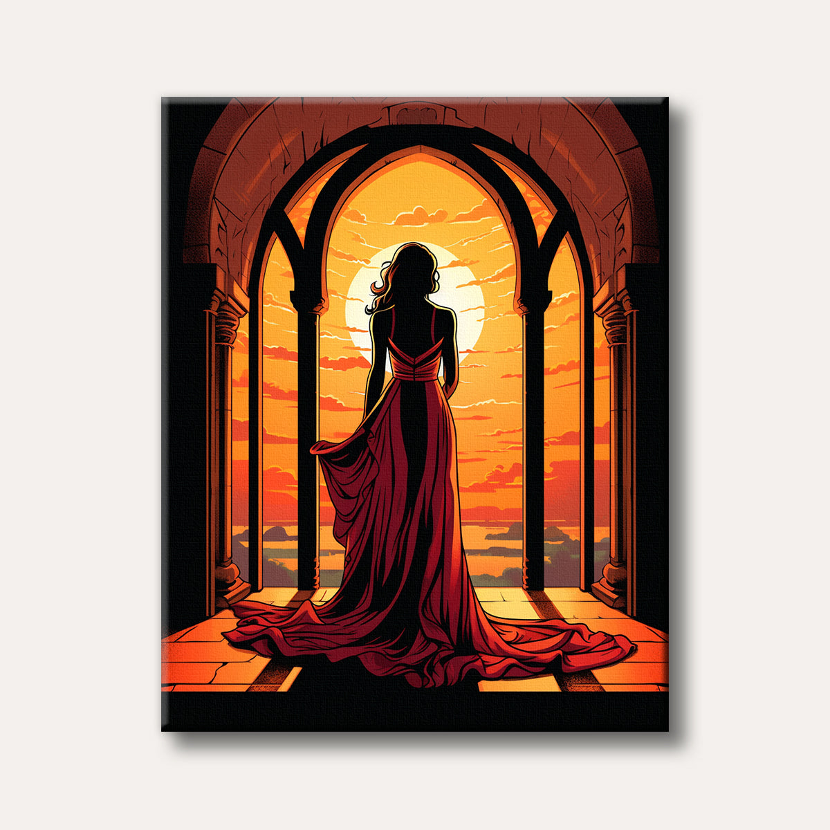A woman in a flowing red gown stands silhouetted in an arched window, looking out at a vibrant orange and yellow sunset with a large moon, depicted in a stylized art nouveau fashion.