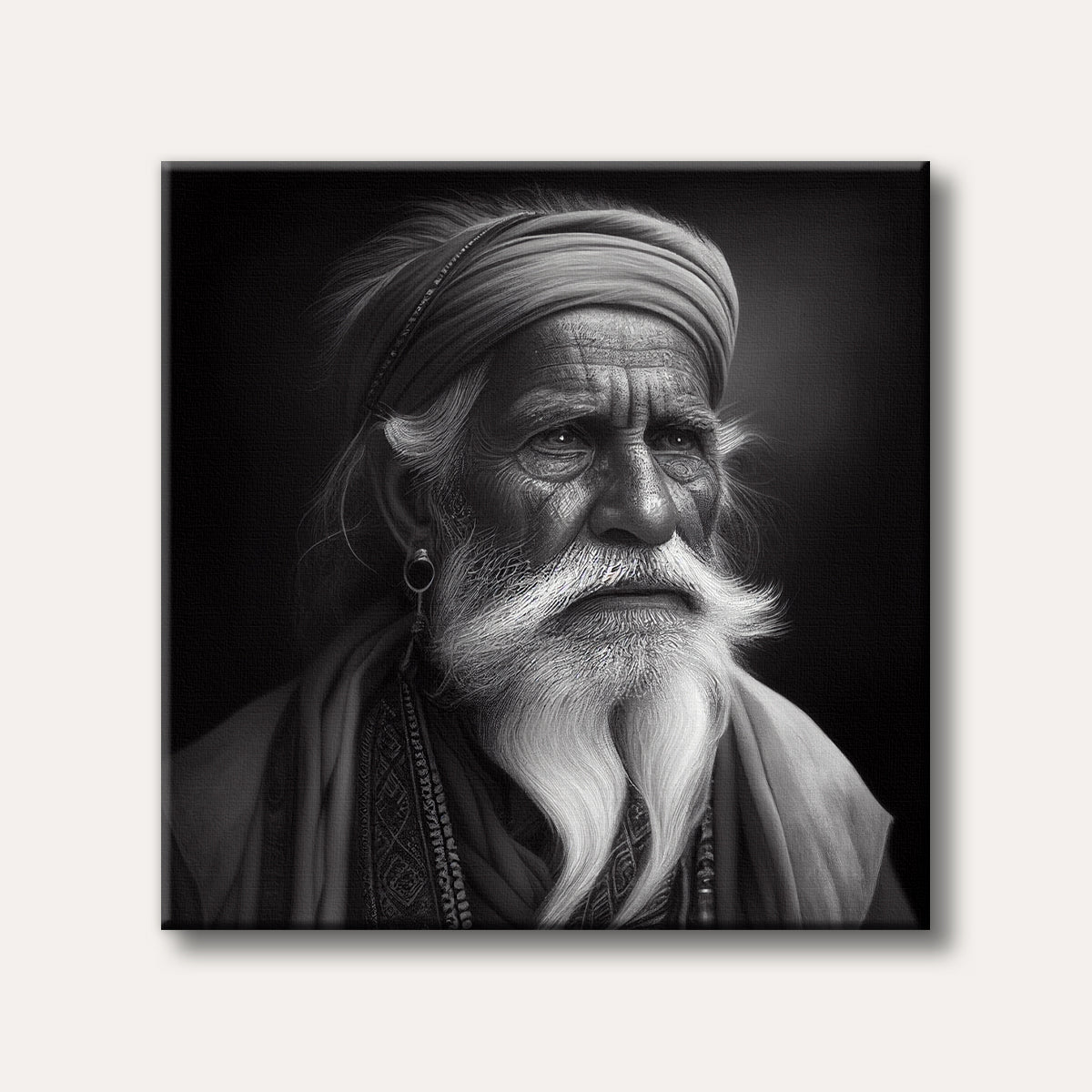 A detailed black and white portrait of an elderly man with a long white beard and a turban, gazing contemplatively.