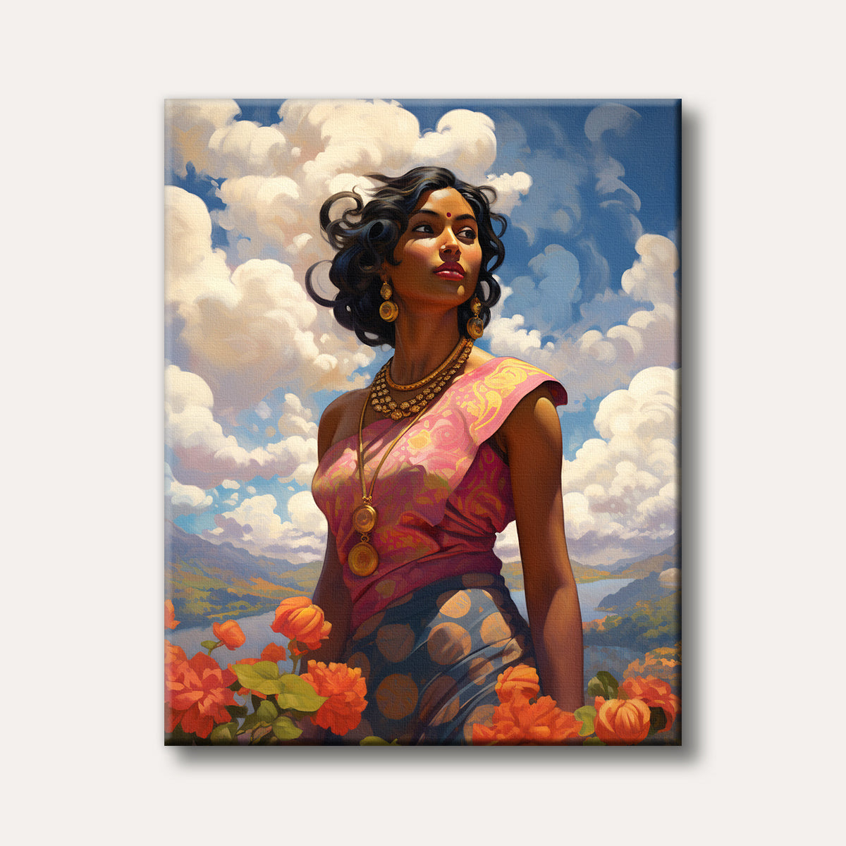 A vibrant painting depicting an Indian woman in traditional attire and gold jewelry looking towards the bright sky, with a serene landscape of mountains, a lake, and orange flowers in the foreground, rendered in a realistic, painterly style.