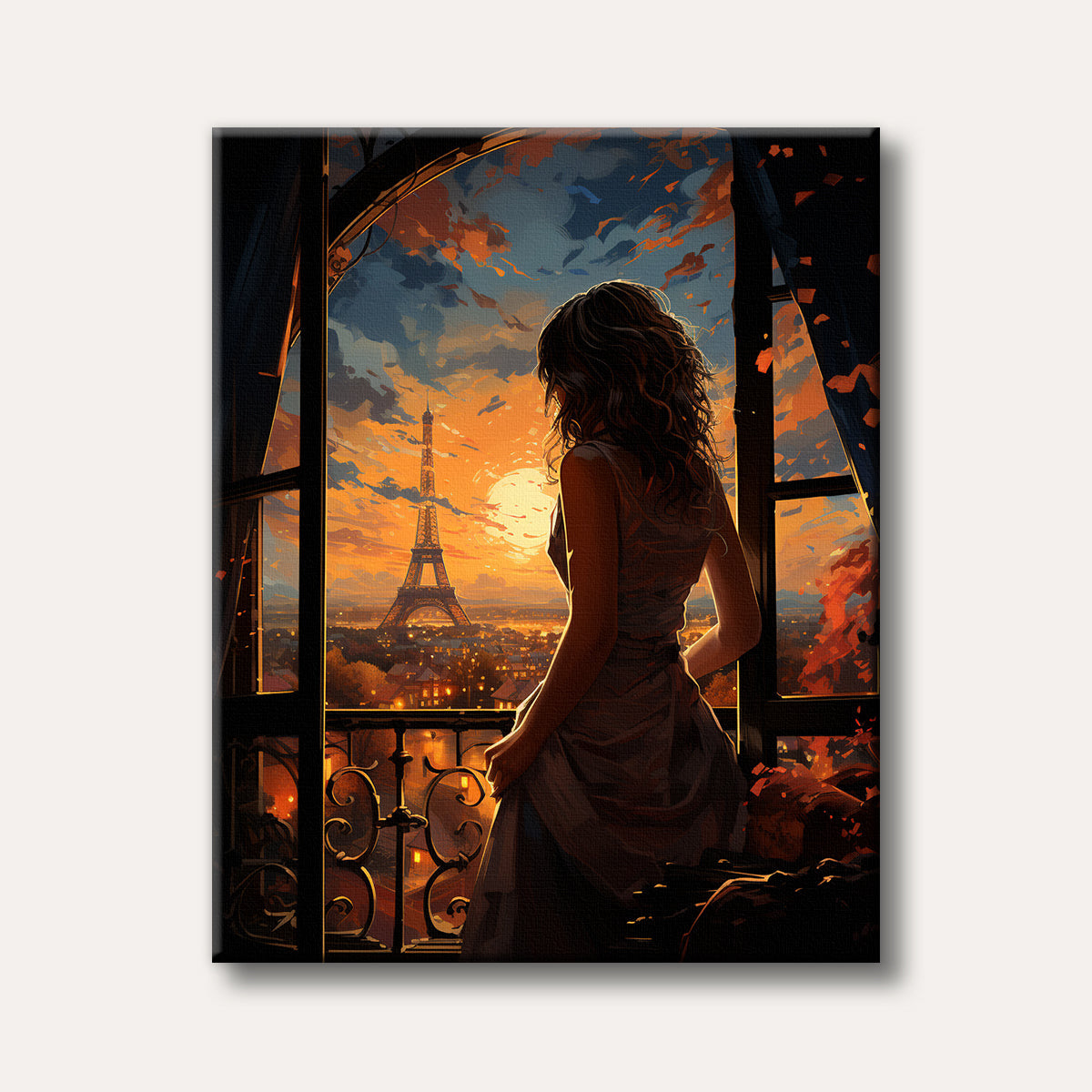 A woman in silhouette views a stunning orange and blue sunset over the Eiffel Tower and Paris cityscape from a balcony, rendered in a stylized, atmospheric digital painting.