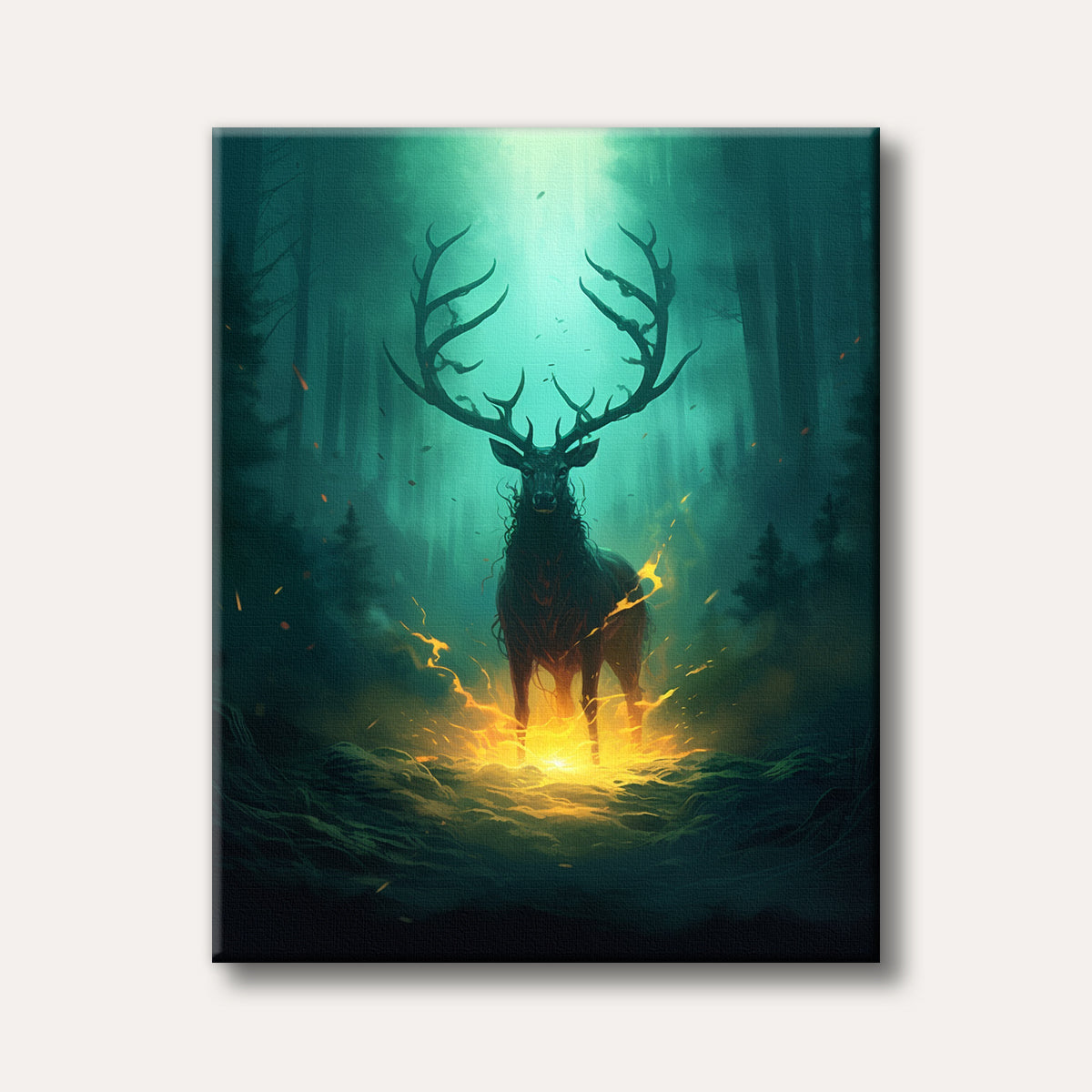 A majestic stag with large antlers stands engulfed in glowing golden light and embers in a dark, mystical forest, rendered in a fantasy art style.