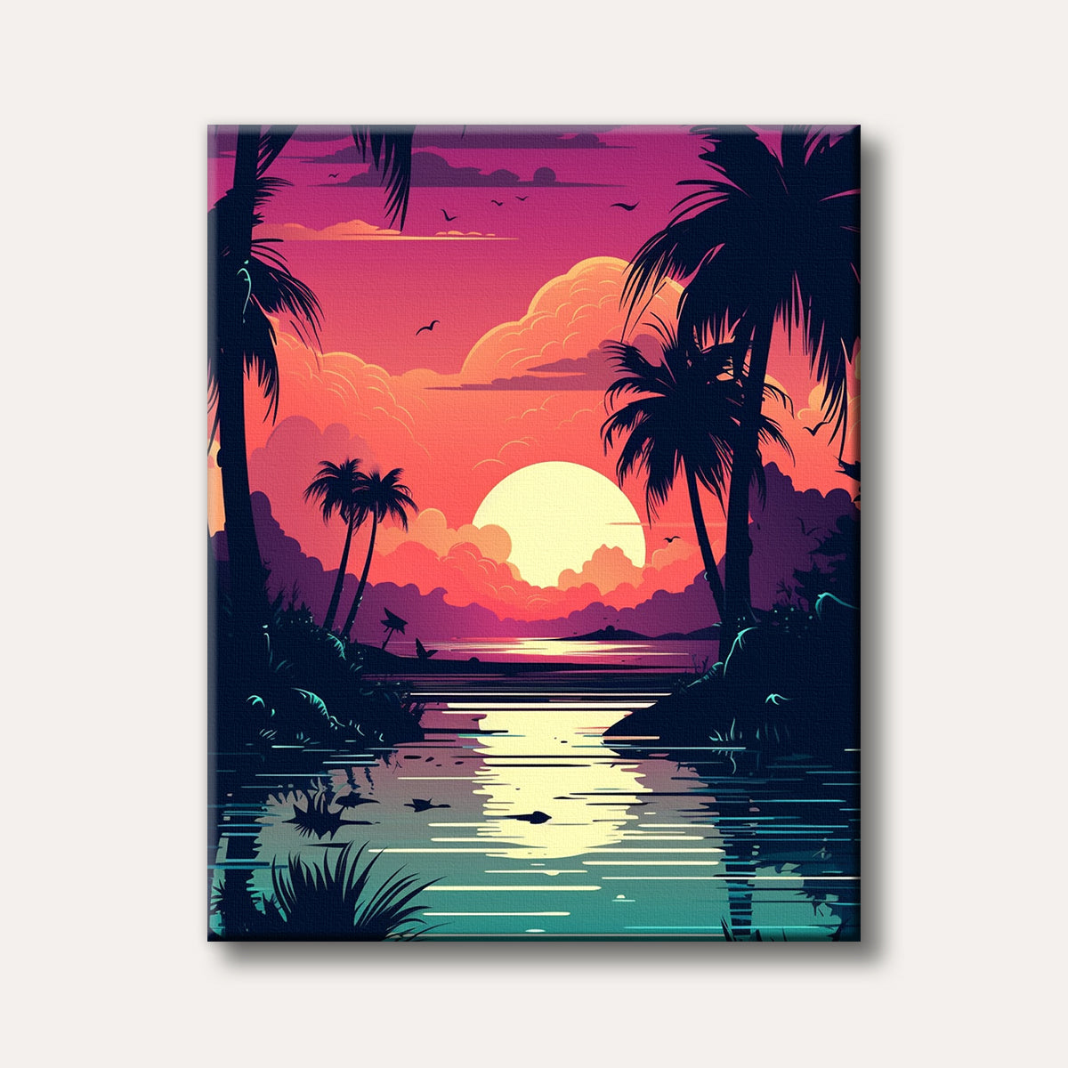 A vibrant graphic art illustration of a tropical sunset with silhouetted palm trees framing a large orange sun reflecting on calm water, evoking a peaceful mood.
