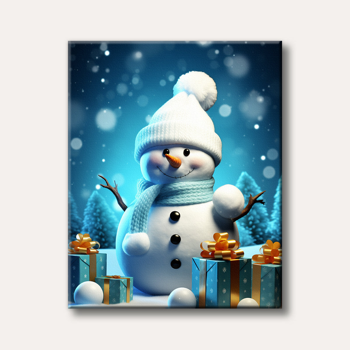 A cheerful, round snowman wearing a white hat and blue scarf stands in a snowy winter scene with blue Christmas trees, gift boxes, and falling snow bokeh effects.