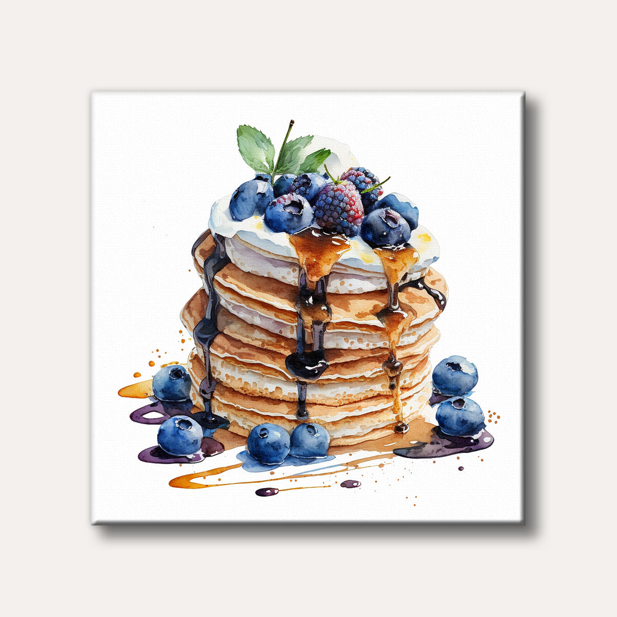 A watercolour illustration of a stack of golden pancakes adorned with whipped cream, fresh blueberries, blackberries, and dripping syrup, rendered in a vibrant, inviting style.