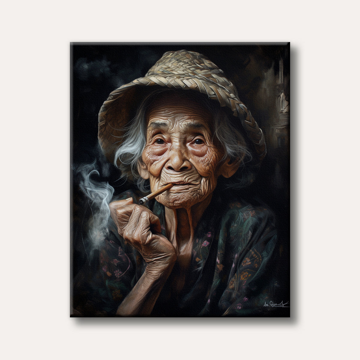 A detailed portrait painting of an elderly person with a straw hat and white hair, smoking a cigarette, depicted in a realistic and contemplative style against a dark background.