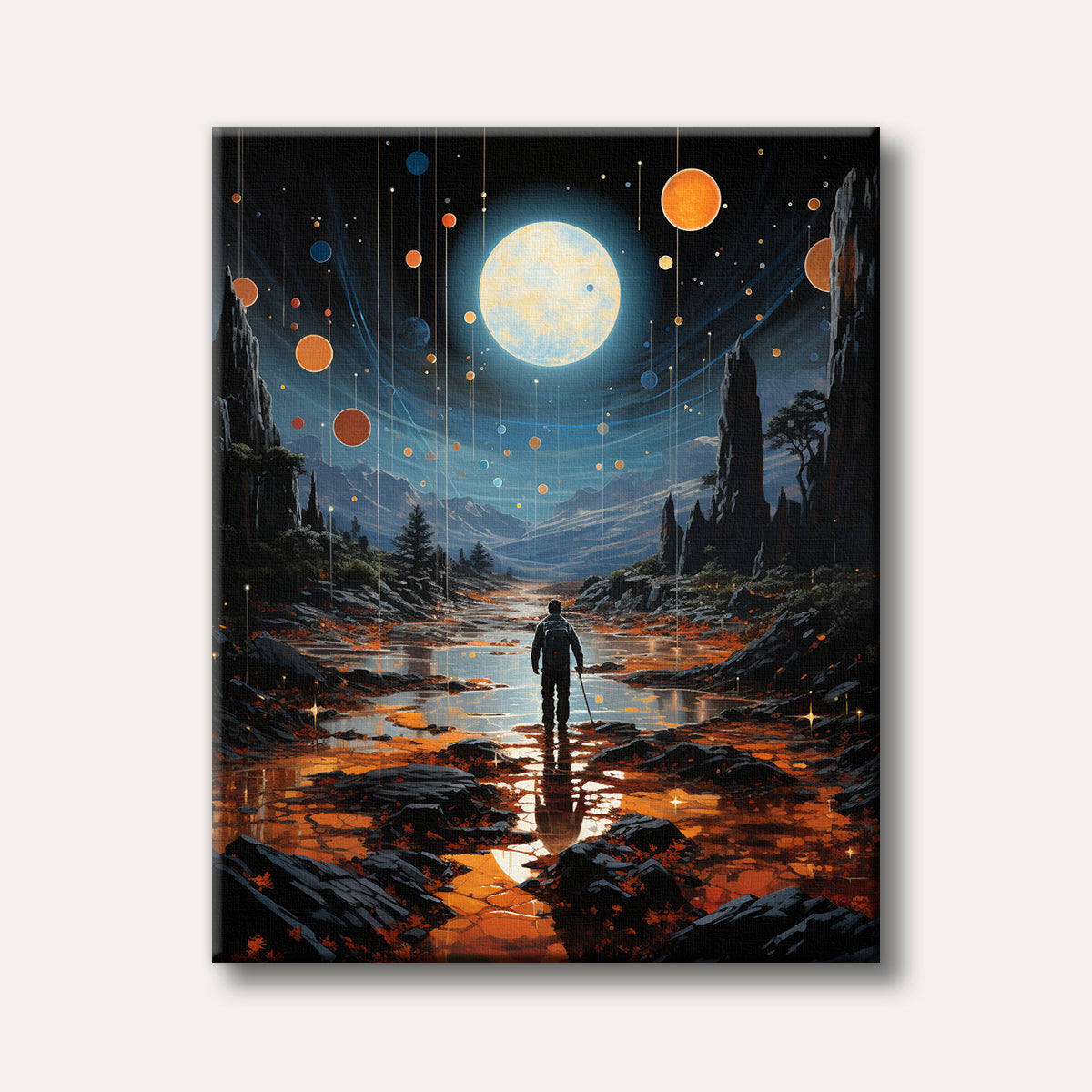 A lone figure stands in a surreal, rocky landscape with luminous orange water, under a large glowing moon and numerous floating celestial orbs, rendered in a fantasy art style.