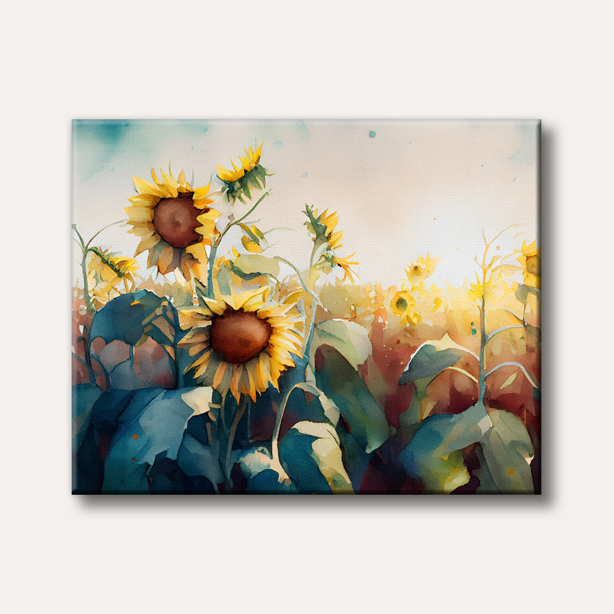 A vibrant watercolour painting depicting a field of bright yellow sunflowers with dark centers and teal leaves, under a warm, sunlit sky, rendered in a loose and expressive style.