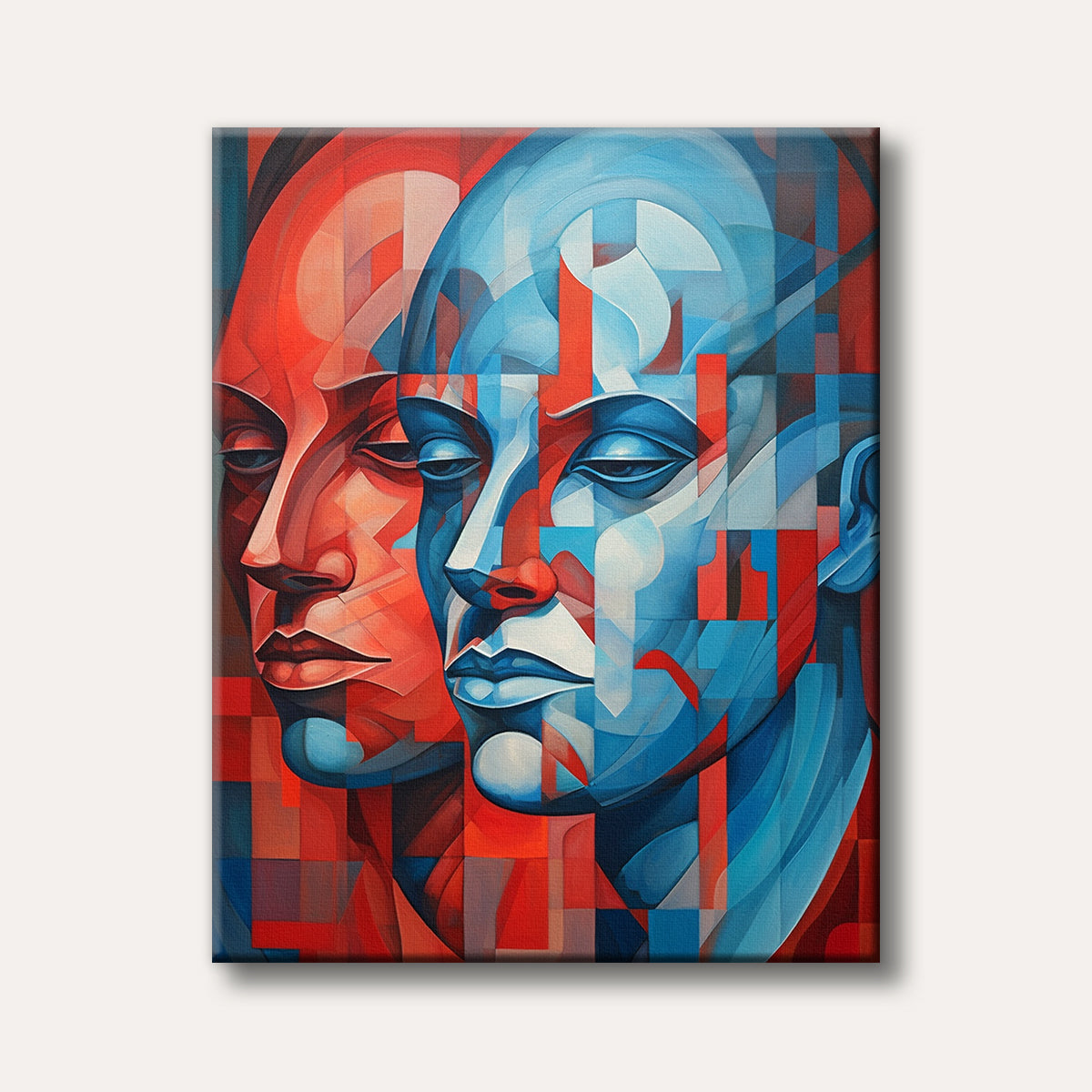 An abstract cubist painting featuring two human-like faces, one in vibrant red hues and the other in cool blue tones, rendered with geometric shapes and a contemplative mood.