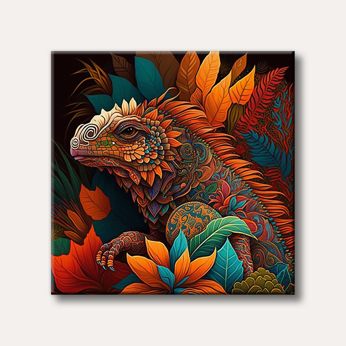 A vibrant, intricately patterned lizard with scales resembling floral and tribal designs, surrounded by lush, colourful foliage on a dark background, in a stylized artistic rendering.