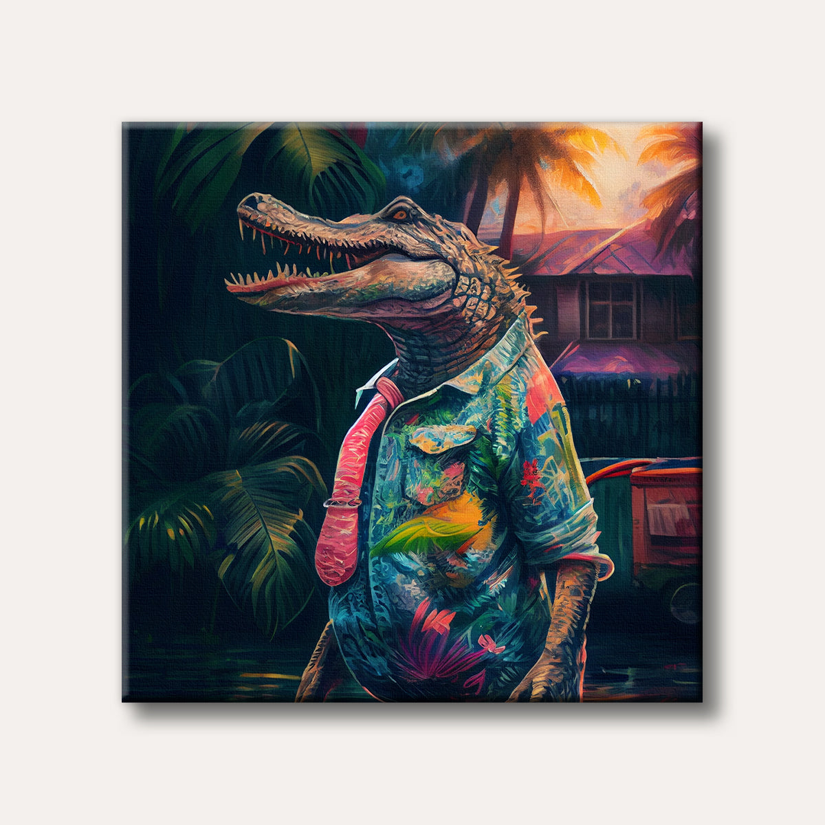 A vibrant, stylized painting featuring an anthropomorphic alligator in a colourful Hawaiian shirt and pink tie, set against a dark, lush tropical landscape with a building and sunset hues in the background.