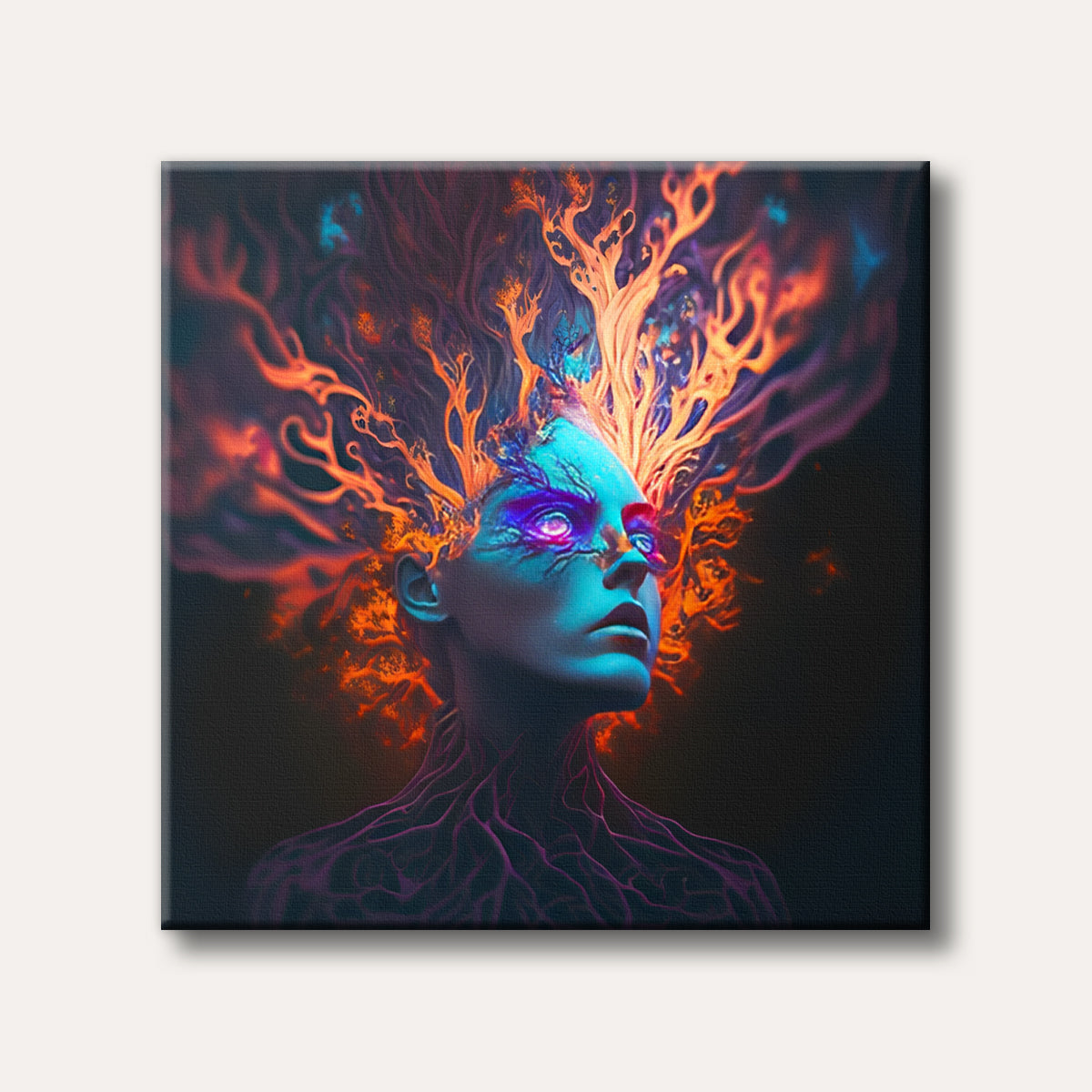 A striking fantasy portrait featuring a figure with vibrant blue skin and glowing orange, root-like extensions emanating from their head and eyes, set against a dark background in a mystical digital art style.