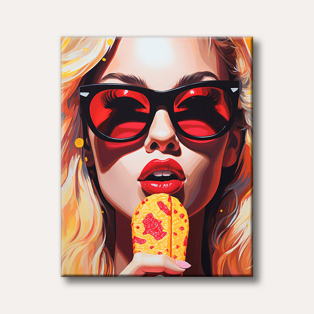 A vibrant pop art portrait of a blonde woman wearing red-lensed sunglasses and bold red lipstick, holding a yellow popsicle against an orange background.