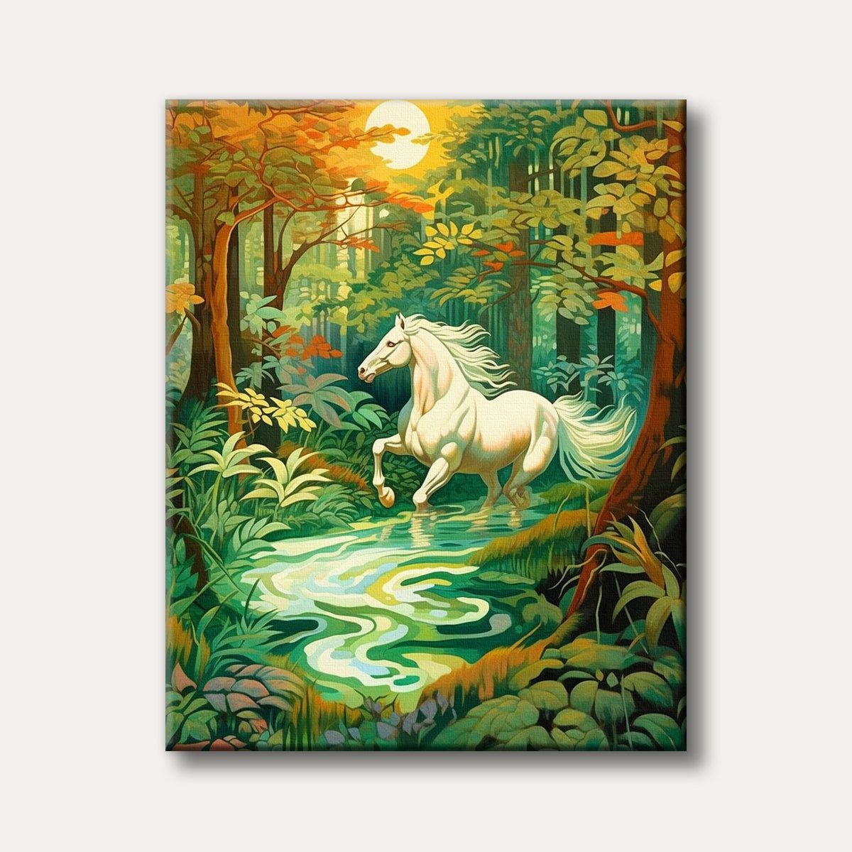 A majestic white horse steps through a shallow stream in a vibrant, stylized forest under a bright sun, depicted in an Art Nouveau style.