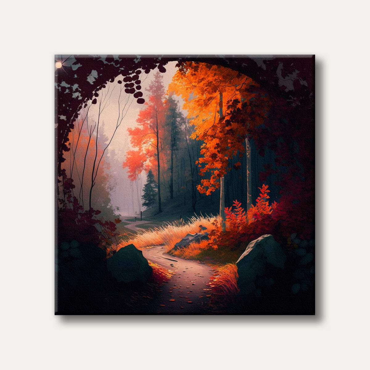 A scenic painting of a winding forest path in autumn, surrounded by trees with brilliant orange and red leaves and darker shadows, evoking a peaceful and inviting mood.