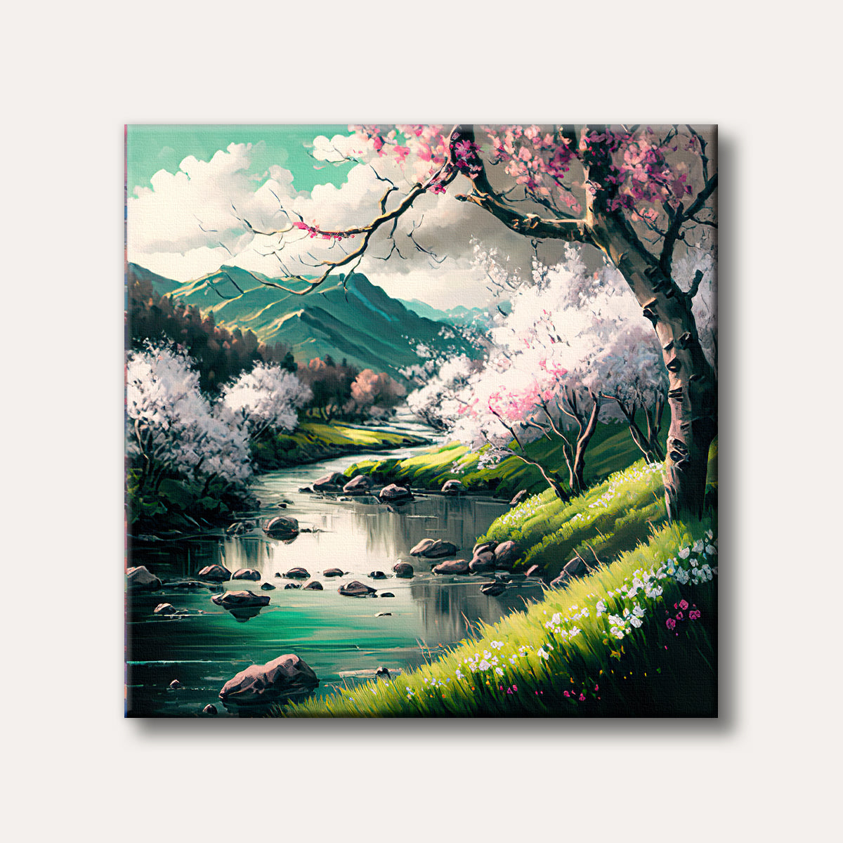 A vibrant painting of a serene river flowing through a lush green landscape adorned with white and pink cherry blossoms under a soft sky, rendered in a bright, illustrative style.