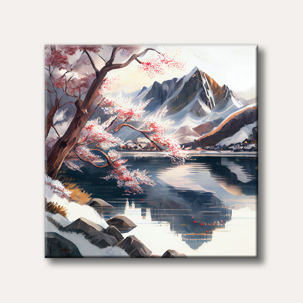 A watercolour painting depicts a serene mountain lake with snow-dusted banks and cherry blossoms in the foreground, reflecting the distant peaks under a soft sky.
