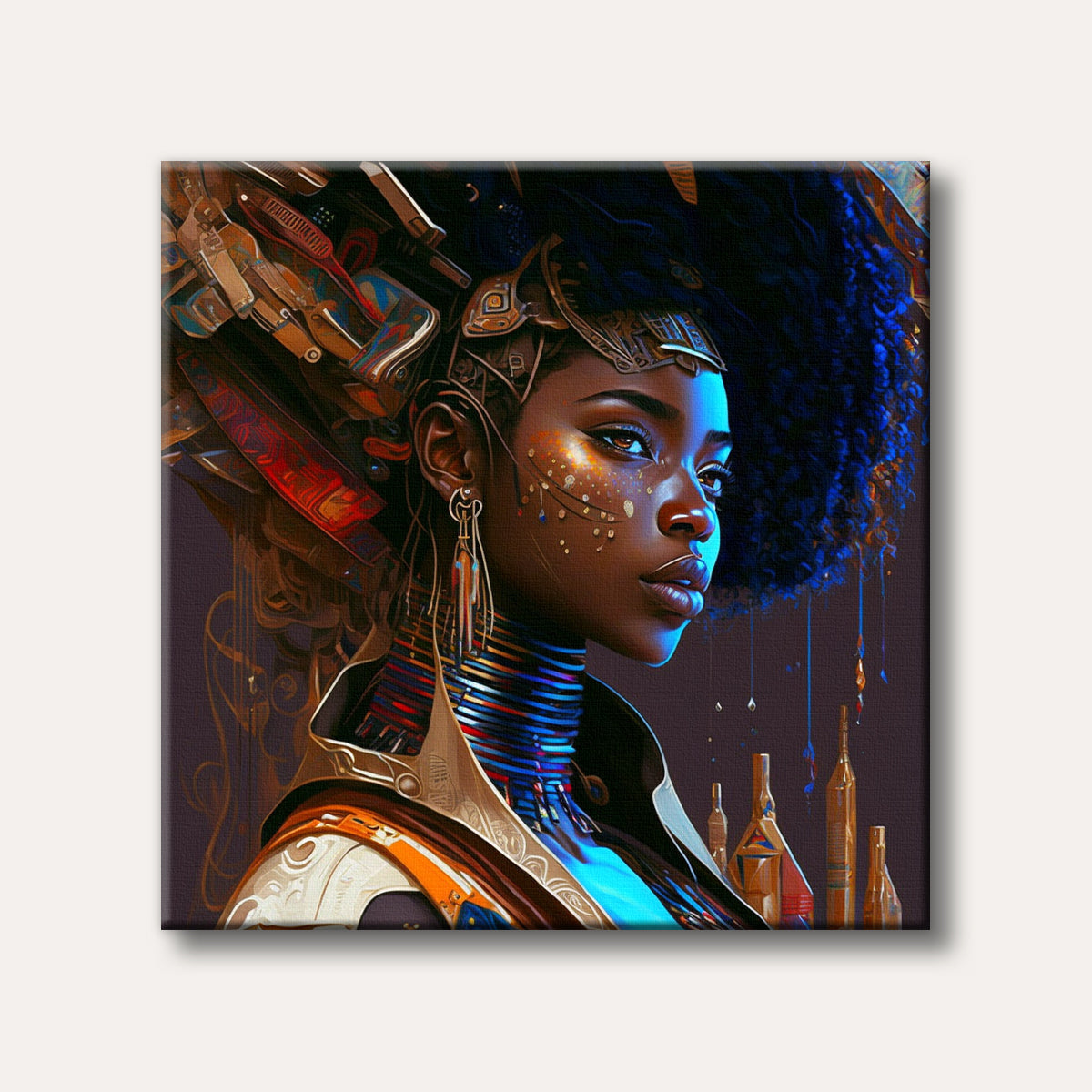 A vibrant digital portrait of a dark-skinned woman with elaborate gold and mechanical headwear, featuring glowing blue light on her face and intricate details in an Afrofuturistic style.
