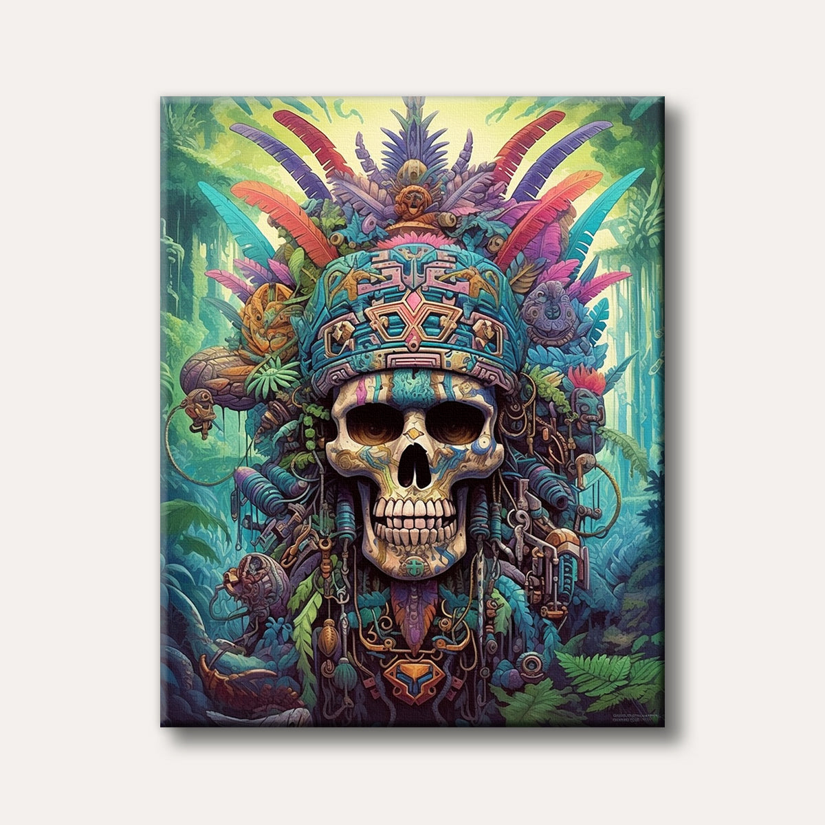 A vibrant, intricately detailed skull adorned with colourful feathers and tribal patterns, set against a lush jungle background, painted in a fantastical, illustrative style.