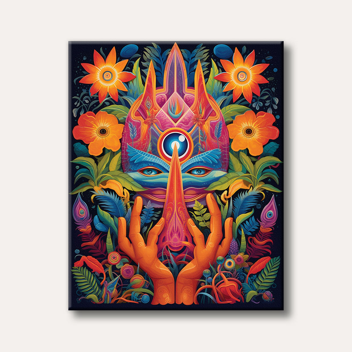 A vibrant, psychedelic artwork depicting a stylized face with a prominent third eye and hands surrounded by lush, colourful foliage, rendered in a detailed, surreal style.