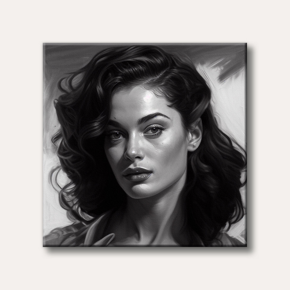 A black and white close-up portrait painting of a woman with dark wavy hair, rendered in a realistic style with dramatic lighting.