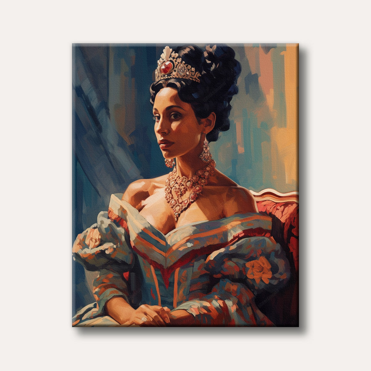 A majestic woman wearing a crown and elaborate jewelry, depicted in a rich, expressive portrait painting with visible brushstrokes and warm, regal tones.