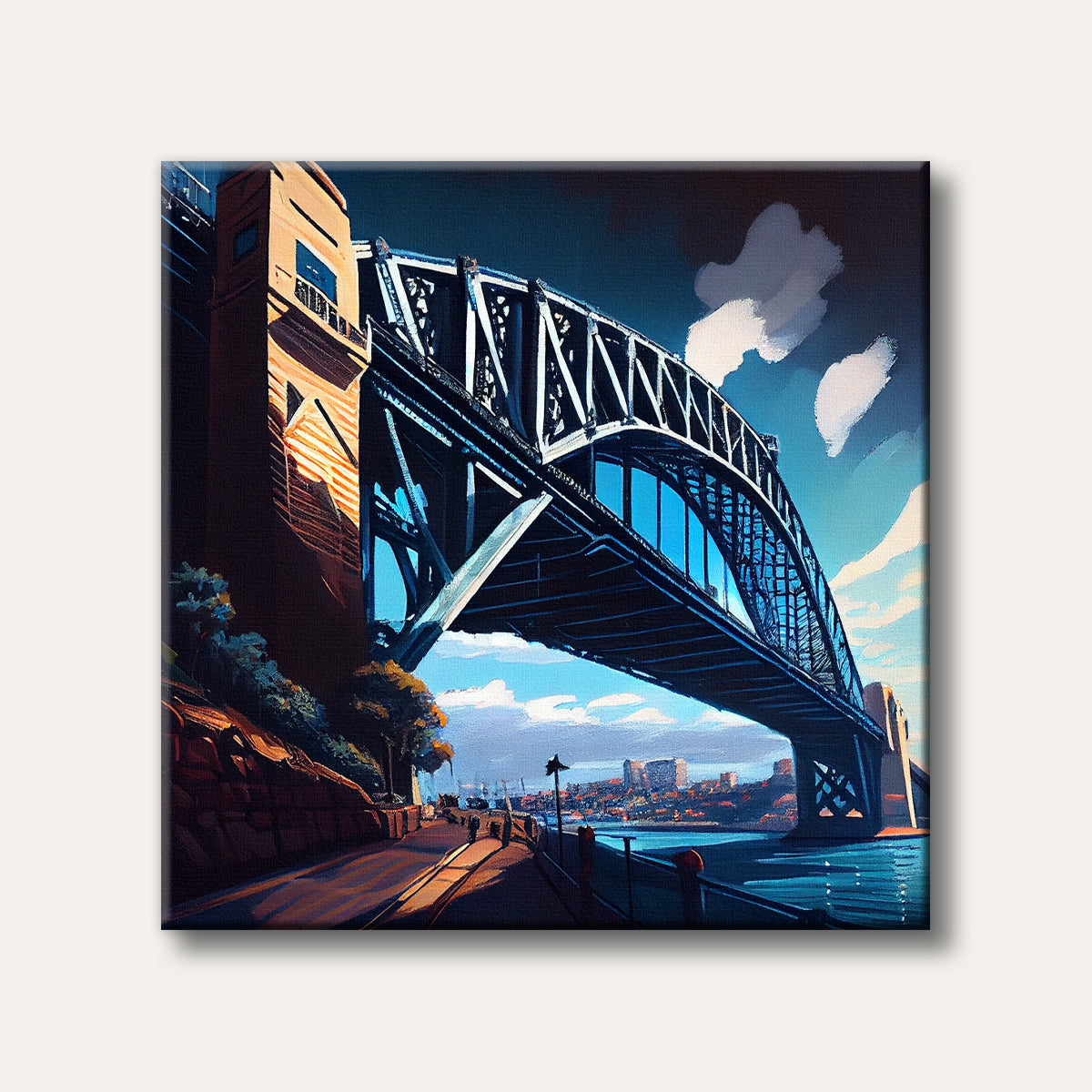 A vibrant, painterly artwork depicting the impressive steel structure of the Sydney Harbour Bridge spanning over blue waters, with a distant city skyline and a bright sky.
