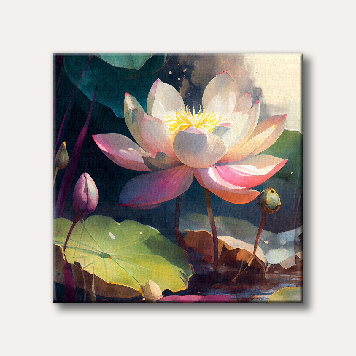 A vibrant watercolour painting of a large white and pink lotus flower with a glowing yellow center, surrounded by deep green lily pads and dark water, rendered in a serene and luminous style.