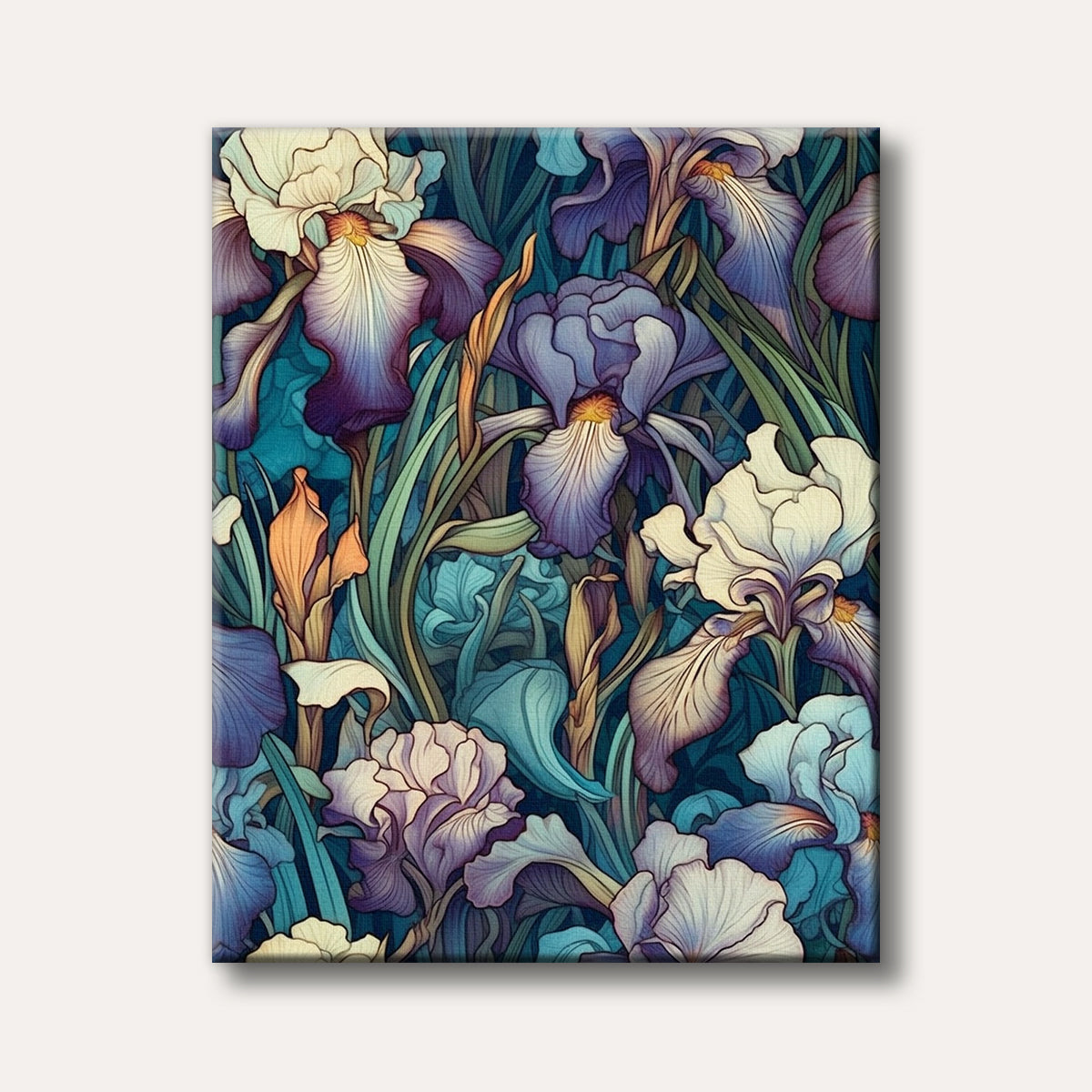 A detailed illustration of blooming iris flowers in purple, blue, and white with green foliage, rendered in an ornate Art Nouveau style against a dark background.
