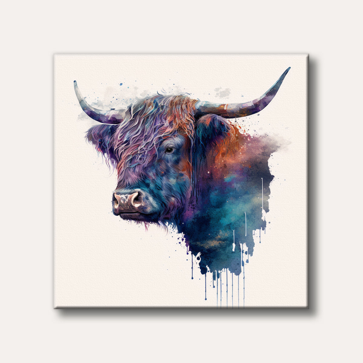 A majestic Highland cow's head depicted in a vibrant, multi-coloured watercolour splash style, showcasing shades of blue, purple, and orange with artistic drips.