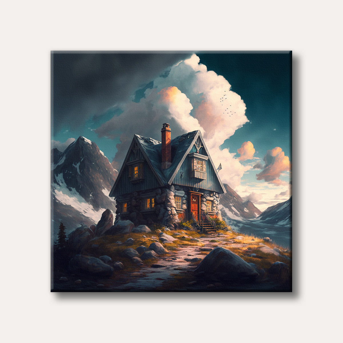 A picturesque stone and wood mountain cabin with glowing windows nestled on a rocky hill, surrounded by majestic snow-capped peaks and a dramatic sky with both dark clouds and warm, illuminated clouds, rendered in a detailed painterly style.