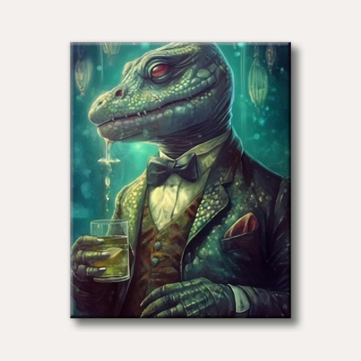 A dapper reptilian gentleman in a suit and bow tie, holding a drink, with a curious drip from its mouth, rendered in a detailed, fantastical style.