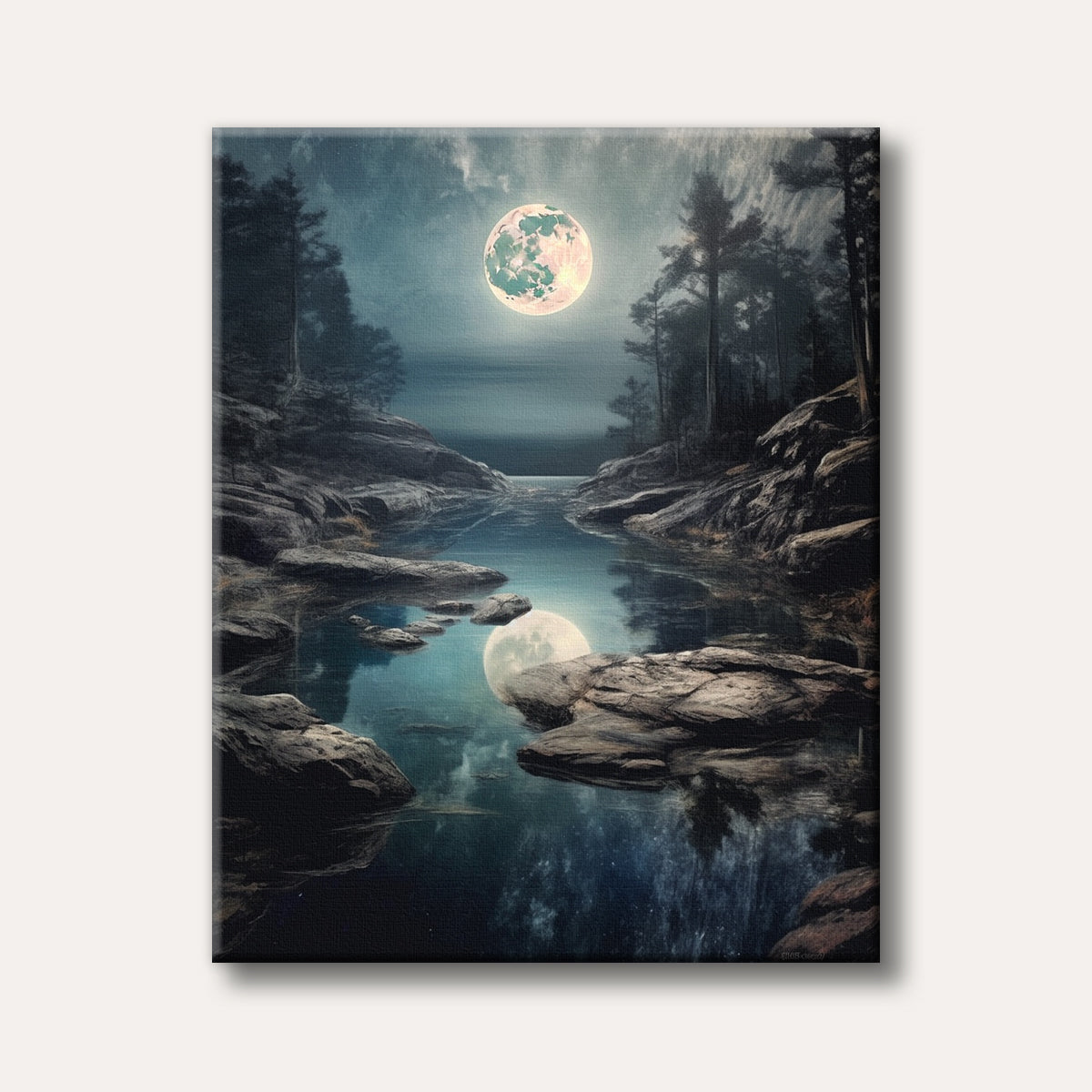 A large, detailed moon with light green and pink hues illuminating a calm river that reflects its light, bordered by dark rocky shores and tall evergreen trees under a dusky, cloudy sky.
