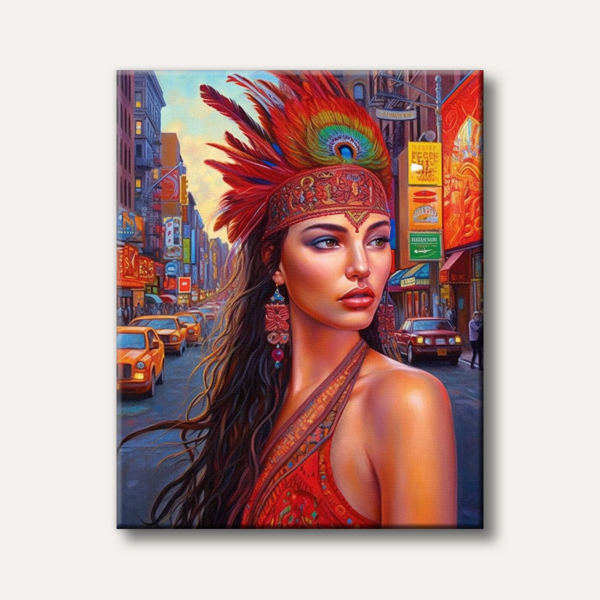 A captivating portrait of a woman wearing a vibrant red feather headdress and intricate dress, set against a bustling, colourful city street scene with warm lighting, rendered in a detailed and expressive art style.