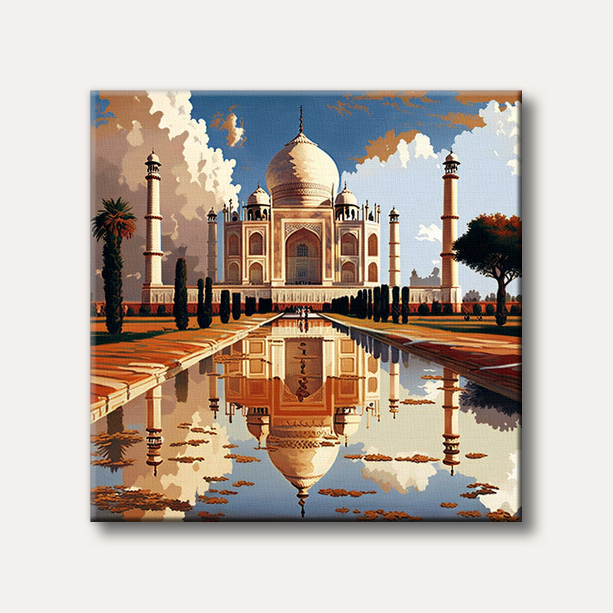 A picturesque view of the Taj Mahal, a magnificent white marble mausoleum with a large central dome and four minarets, perfectly reflected in a long rectangular pool under a blue sky with dramatic white and orange clouds, rendered in a stylized, almost graphic novel art style.