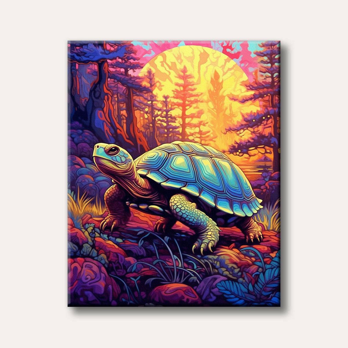 A vibrant, psychedelic style painting of a large tortoise with a blue-green shell walking through a fantastical forest under a huge, glowing orange and pink sun.