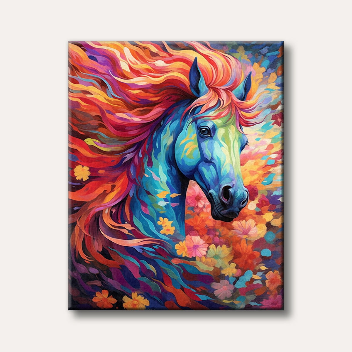 A close-up of a horse's head painted in a vibrant, multi-coloured abstract style, featuring a flowing rainbow mane and a background filled with colourful flowers.