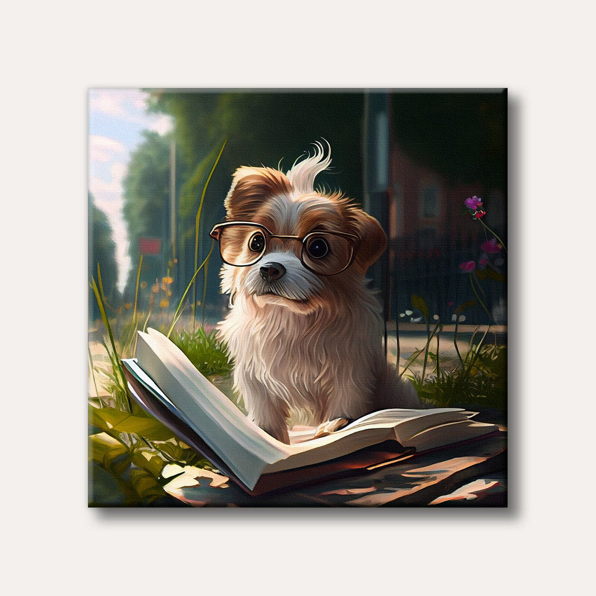 A fluffy brown and white dog wearing round glasses sits attentively in green grass, looking at an open book, with a blurred natural background.