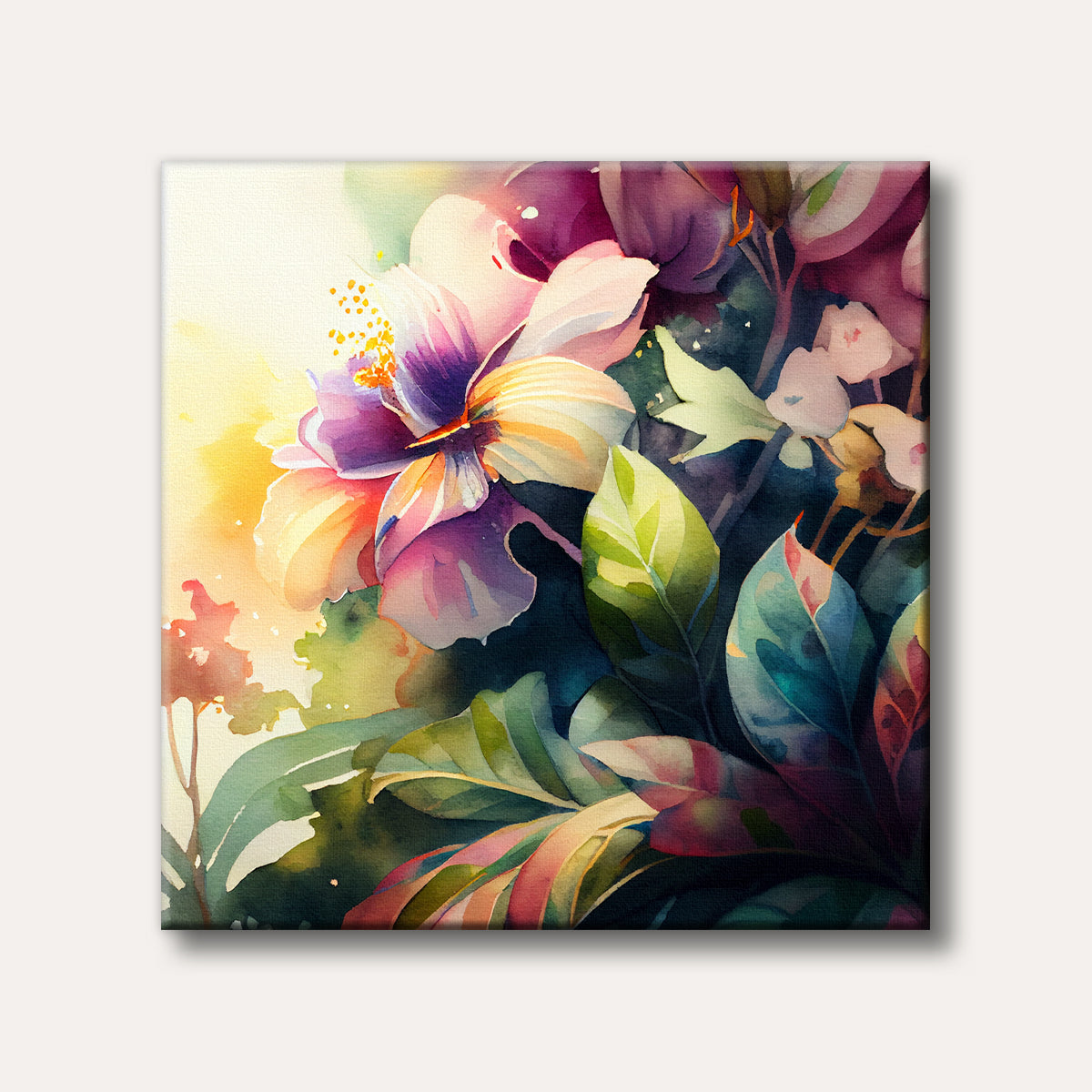 A vibrant watercolour painting featuring large, brightly coloured blossoms in shades of purple, pink, and yellow, surrounded by lush green foliage, depicted in a soft and ethereal style.