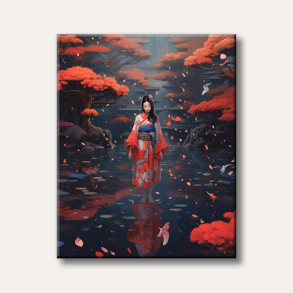 A serene painting of a young woman in a vibrant red and white kimono standing in a reflective pond surrounded by brilliant orange autumn trees, with leaves and origami birds floating, in a stylized, dreamlike Japanese art style.