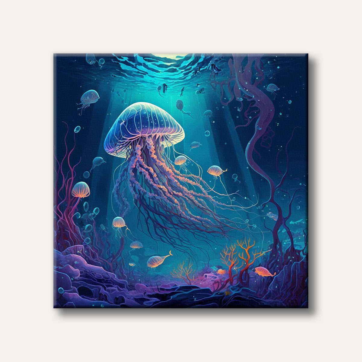A large, glowing purple and blue jellyfish with long tentacles floats in a luminous deep-sea environment, surrounded by smaller glowing marine life and vibrant, fantastical coral in a digital art style.